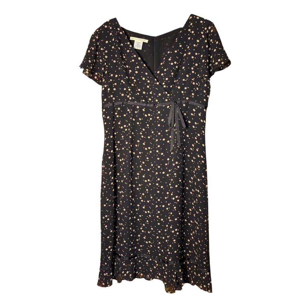 Vintage Maggy London Black + Cream Polka Dot Silk Midi Dress Size 8